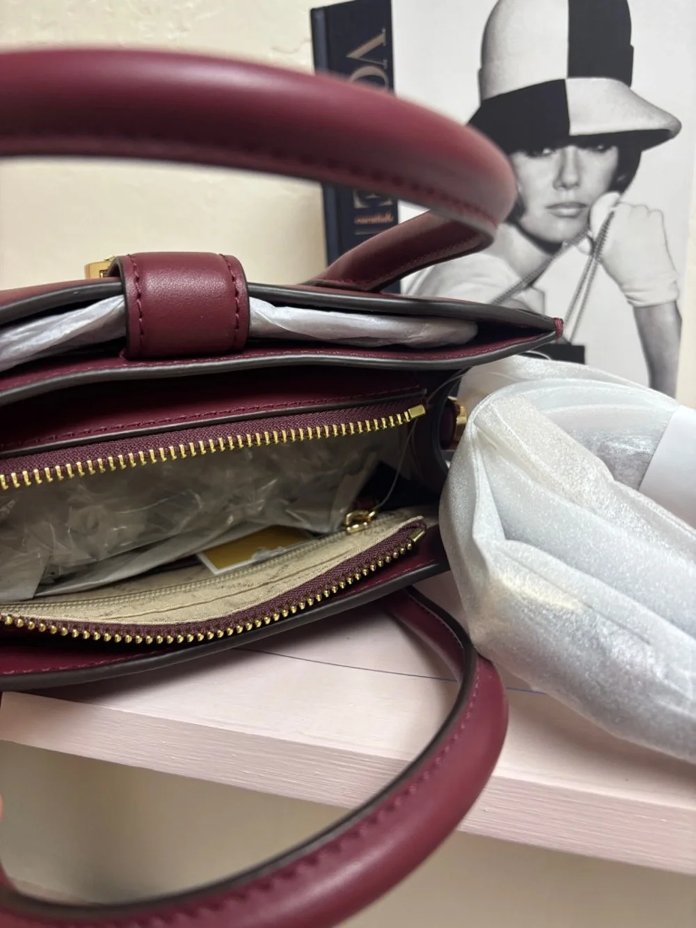 Michael Kors Wine Leather Top-Handle Satchel with Gold‎ MK Emblem